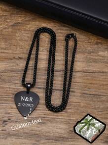 2pcs Customized Text Stainless Steel Guitar Pick Pendant Necklace Set, Personalized & Fashionable, Globally Popular