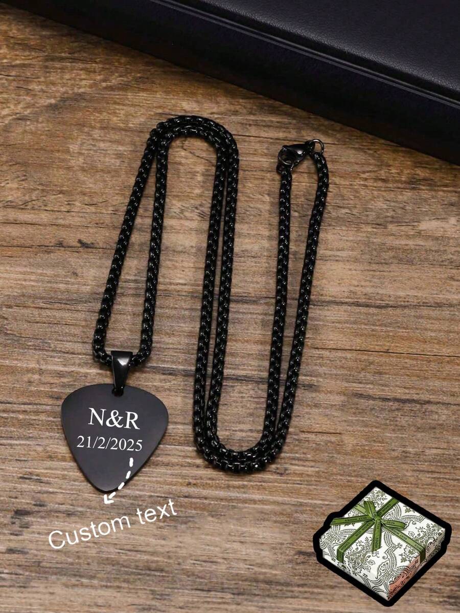 2pcs Customized Text Stainless Steel Guitar Pick Pendant Necklace Set, Personalized & Fashionable, Globally Popular