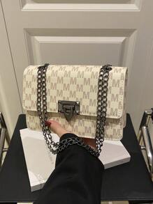 A Lady's New Fashion Monogram Shoulder Bag, Metal Chain Versatile Casual Crossbody Bag, Street Square Bag, Suitable For Young Girls, College Students, Beginners, White-Collar People, Shopping, Great For Office, College, Work, Business, Commuting.