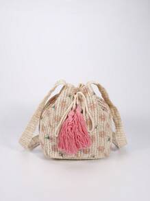 编织抽绳水桶包，可爱休闲大容量流苏手提单肩斜挎包，印花拼色时尚，适合通勤、旅行、海滩