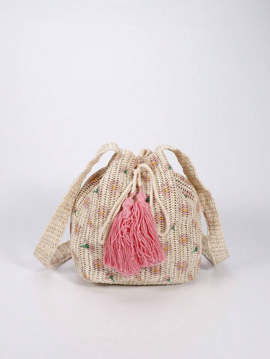 编织抽绳水桶包，可爱休闲大容量流苏手提单肩斜挎包，印花拼色时尚，适合通勤、旅行、海滩