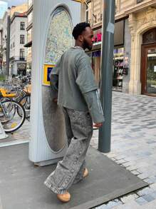 Men's Fashionable Casual Pocket Embossed Pants, Young Street Style College Sports Loose Straight Wide Leg Versatile Denim Jeans