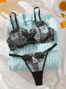 Style Dream 女士黑色性感内衣套装，钢圈花卉刺绣网纱透视文胸和内裤，适合卧室/夜店穿着，超薄文胸 - 黑色 - 查看 4