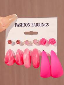 6-12 对丙烯酸树脂粉色泪珠水钻 C 形耳环迷你耳钉套装 - 玫紅色 - 查看 3