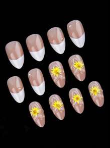 Instantly Upgrade Your Look With 24PCS Medium Almond White French Style Pastoral Style Yellow Floral&Elegant Classic Pearl Decor 3D Full Cover Fake Nail Kit Will Give Your Look A Lovely And Sweety Suitable For Spring Dating And Holiday Press On Nails