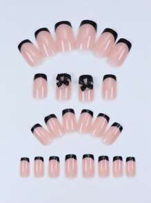 24 片粉色短款按压指甲黑色法式短指甲黑色蝴蝶结装饰假指甲奢华女士和女孩美甲工艺美甲用品指甲