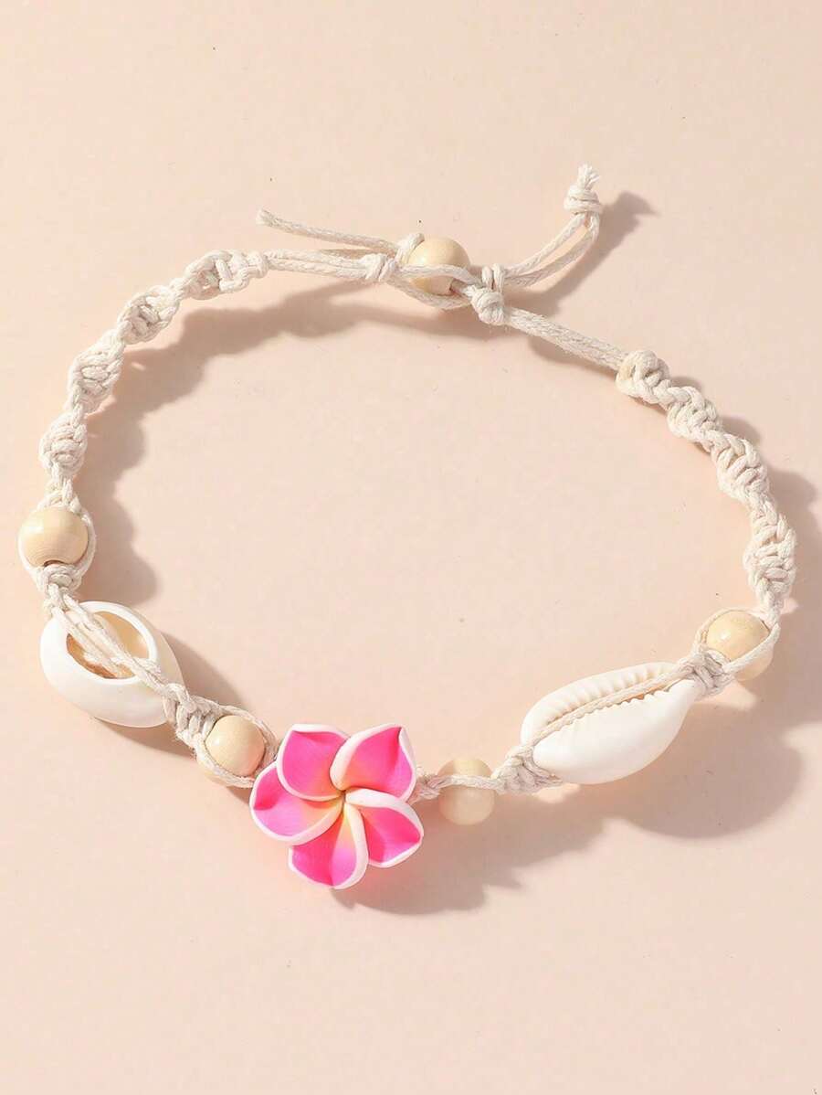 1 New Bohemian Anklet Beach Anklet Handwoven Polymer Clay Flower Sea Shell Anklet Anklet Accessory - Pink - View 1
