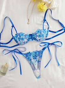 Style Dream 女士春夏新款蓝色文胸套装，网纱花卉刺绣钢圈文胸和内裤两件套内衣，性感透视超薄文胸，清爽浅蓝色 - 藍色 - 查看 5