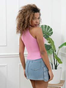 Pink Ribbed Knit Top With Crossed Neckline And Front Cut-Out. This Pink Ribbed Knit Top Features An Elegant Crossed Neckline That Creates A Subtle Front Cut-Out For A Refined Touch. - Red Violet - View 2