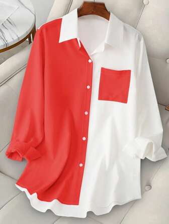 时尚女士拼色口袋长衬衫