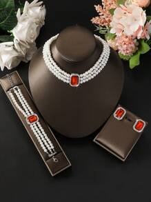 4pcs Gorgeous & Fashionable Diamond Inlaid Multi-Layer Faux Pearl Beaded Necklace Set With Faux Pearl Bracelet & Gemstone Earrings, Ladies' Elegant & Charming Wedding Jewelry Suite, Holiday Gift