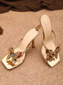 Damen Luxus Mode bunte Strass Perlen Schmetterling Riemen Durchsichtig Asymmetrisch Peep Zehen Sandaletten mit hohem Absatz, elegant sexy