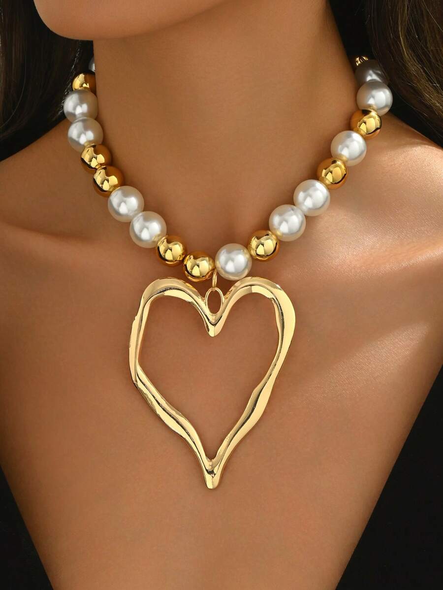 1 件手工制作粗仿珍珠串珠项链，空心心形吊坠毛衣链，时尚珠宝，女性必备配饰，完美的母亲节礼物