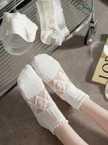 5/10 Pairs Bow Pattern Ankle Invisable Socks Low Tube Casual Style With Patterns Cute And Graceful In Cream White Comfortable - Multicolor - View 3