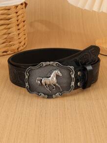 1 条男女通用复古西部牛仔动物扣压花 PU 皮带，时尚百搭，适合牛仔裤、裙子和全年穿着 - 黑色 - 查看 7