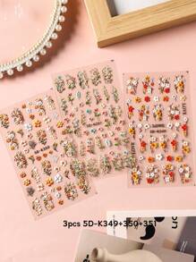 Stickers d'art pour ongles 5D en relief avec bouquet de fleurs de marguerite rose rêveuses, feuille de vigne verte et fleur à cinq pétales épanouissante et rose. Décorations de charms et fournitures pour manucure DIY