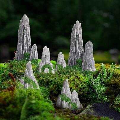 8pcs Gray Resin Rock Formation Zen Garden Mountain Decor Set, For Bonsai Landscape Decor, Terrarium, Aquarium, Reptile Tank Decoration, Gifts, DIY Scenery, Desktop Display, Battery-Free