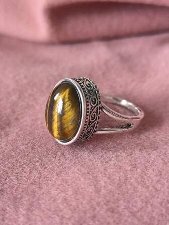 1pc Fashionable Oval Tiger Eye Stone Ring, Ladies Gemstone Ring, Mother's Day Gift