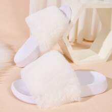 European Style Fluffy Slip-On Slippers For Women, Indoor & Outdoor Wear, Fashionable Faux Fur Flat Versatile Soft Sole All Season Shoes - White - View 10