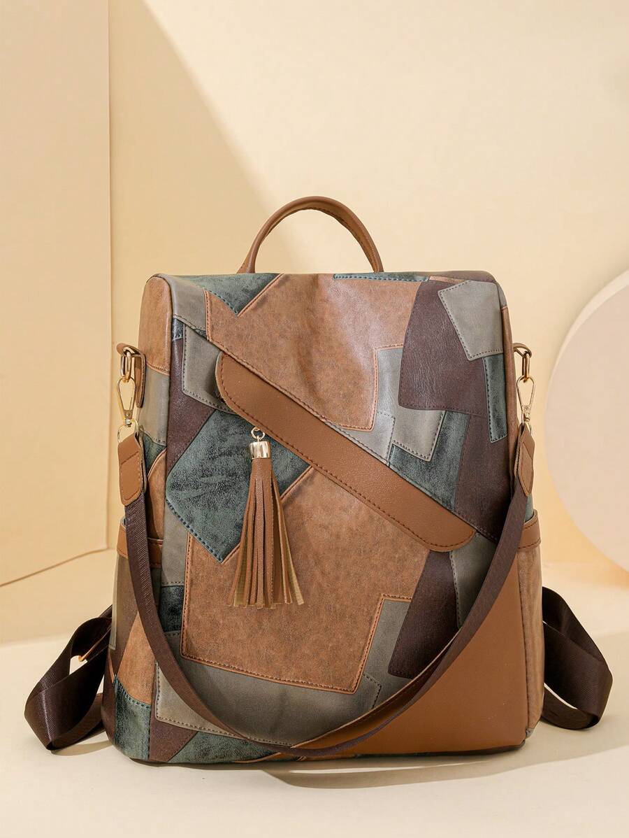 1pc Fashionable Contrast Color Women Backpack, Large Capacity Travel Bag With Adjustable PU Strap - Brown - View 1