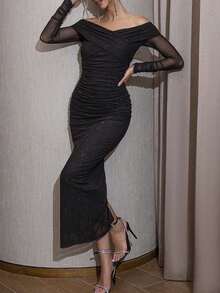 秋冬新款欧美女装性感包臀开叉晚礼服时尚露肩长袖半透网纱敬酒服中长款女晚礼服聚会礼服婚宴酒会礼服