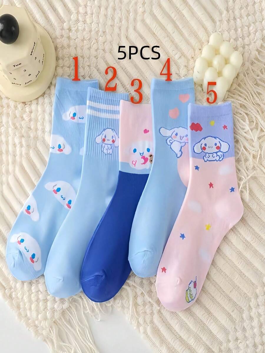 Sanrio 5pcs/Set Sanrio Style Blue Toned Cartoon Design Premium Cotton Crew Socks For Women