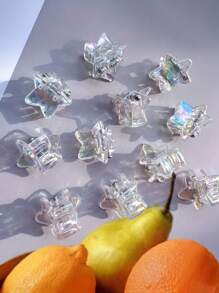 10pcs Cute Holographic Mini Hair Claw Clips For Girls, Resin And Plastic Material, Transparent Design