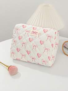 1 Bolsa de maquillaje acolchada con forma de corazón y lazo rosa. Bolsa de cosméticos de viaje, bolsa de cosméticos multifunción, bolsa de baño, bolsa de almacenamiento de joyas, bolsa de almacenamiento de perfumes y cuidado de la piel, bolsa de pinceles, bolsa de toallas sanitarias, bolsa de auriculares, monedero, bolsa de gafas, adecuada para familia, viajes, escuela y trabajo. Adecuada para mujeres y estudiantes. Regalos festivos, regalos de cumpleaños, regalos de Navidad, regalos para mamá, recuerdos, lindo
