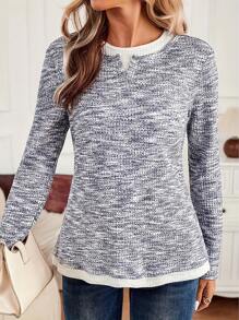Navy White Marled Fake Two-Piece Top Women - Long Sleeve Crew Neck Casual Fitted Blouse For Spring/Autumn - Xám - Xem 1