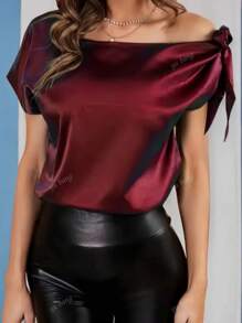 Camicetta elegante a maniche corte in tinta unita, con spalla in pendenza e laccio laterale, per primavera ed estate, abbigliamento da donna