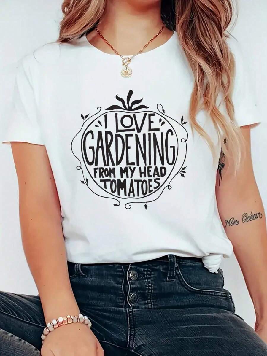 I Love Gardening From My Head Tomatoes Funny Gardener Garden T-Shirt Print T-Shirt, Casual Crew Neck Short Sleeve Comfort Tee Top For Spring & Summer, Women's Clothing