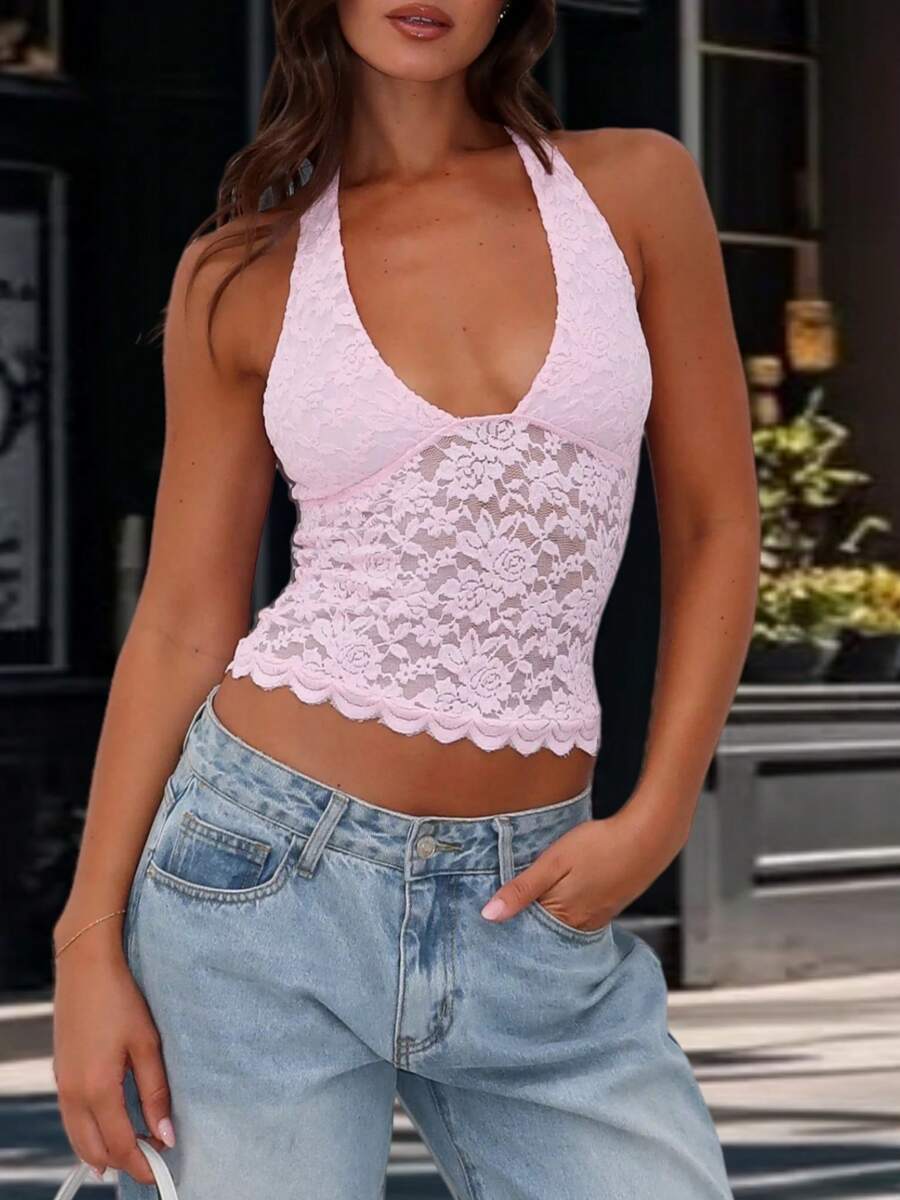 Women Y2k Crop Halter Tank Tops Sexy Deep V-Neck Floral Lace Backless Vest Shirts Hot Girl See Through Going Out Camisole Tops Clubwear Streetwear Summer Aesthetic Grunge Clothes - 粉色 - 查看 1