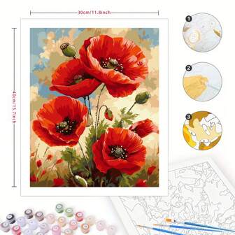 DIY Acrylic Painting Kit - 30X40cm Vivid Red Poppy Flower Design, No Frame, Crease-Free Rolled Colorful Printed Canvas With Paints & Brushes, Suitable For Beginners, Home Decor And Unique Gifts