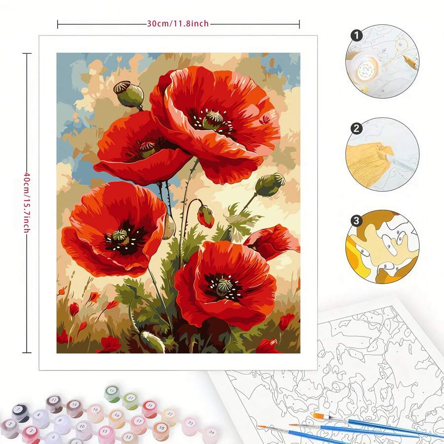 DIY Acrylic Painting Kit - 30X40cm Vivid Red Poppy Flower Design, No Frame, Crease-Free Rolled Colorful Printed Canvas With Paints & Brushes, Suitable For Beginners, Home Decor And Unique Gifts - Multicolor - View 1