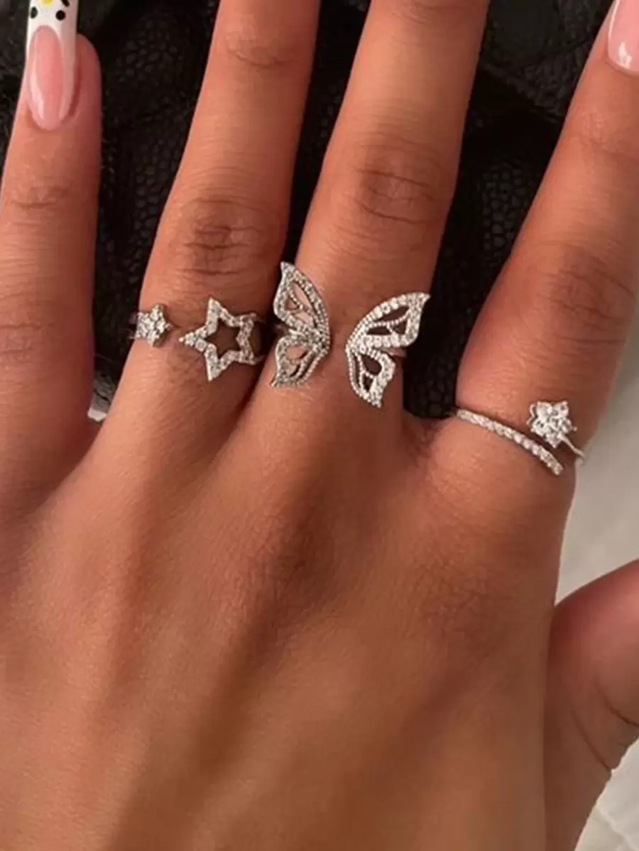 3 件闪亮方晶锆石花朵、蝴蝶和星星设计开口戒指，适合婚礼、派对、节庆场合，送给她的礼物 - 銀 - 查看 1