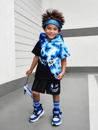 2 件套男童趣味印花运动休闲连帽短袖 T 恤和膝盖长度短裤套装夏季