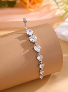 1pc Stainless Steel Belly Button Ring With Long Pendant, 6pcs Heart CZ Inlay, Piercing Jewelry For Women