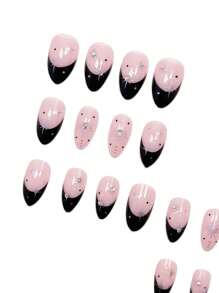 Juego de 24 uñas postizas negras con diseño de punta francesa de almendra con cristales de rhinestone 3D y brillo, ajuste perfecto para uñas acrílicas medianas. Contiene 1 pegamento de gel y 1 lima de uñas. Uñas de arte de punta francesa fáciles de llevar para uso diario de mujeres y niñas, y para fiestas rave.