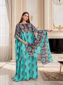 1 套时尚印花仿丝泳衣罩衫和头巾，适合海滩、度假、长袍、头巾、朴素长袍