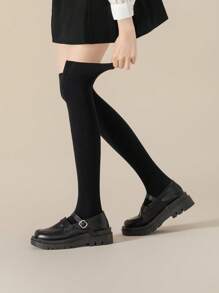 1 Đôi tất cao đến đầu gối màu trơn thoải mái, tất cao đến đùi nhẹ cho nữ, ấm áp - màu đen - Xem 4