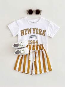 2Pcs/Set Newborn Infant Baby Boys Girls Casual Letter Print Short Sleeve Top + Striped Shorts, Summer