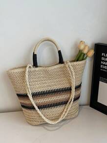 1 pieza Bolso de mano de mujer bicolor, bolso de hombro de gran capacidad tejido de paja para ir de compras, playa y uso diario