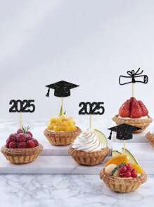 12pcs/Set 2025 Graduation Party Cake Toppers, Diploma Hat Cupcake Picks Dessert Decorations