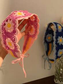 1 pièce Bandeau long en tricot orné de fleurs pour femmes, style boho chic, imprimé floral, look bohème doux et décontracté. Convient pour le port quotidien et les sorties printanières