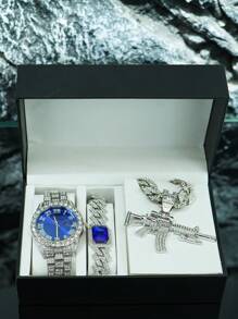 طقم مجوهرات شخصي للرجال من سبائك المعادن مرصع بالراين ستون 3D على شكل بندقية، قلادة، سوار، ساعة هدية، ملحقات أنيقة على الطراز الأوروبي والأمريكي لموسيقى الهيب هوب، علبة هدايا فاخرة