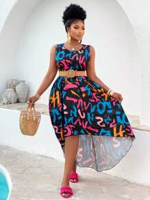 Vestido casual suelto de talla grande para mujer con estampado de letras en la parte delantera y la parte trasera larga, nuevo para el verano
