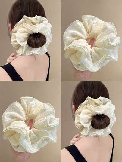 1个奶油色褶皱雪纺发圈，韩式超大双层奶油色纹理马尾发圈，简约发饰，发绳，发圈，头饰