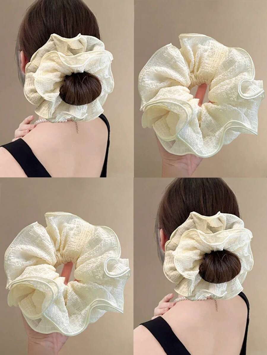 1个奶油色褶皱雪纺发圈，韩式超大双层奶油色纹理马尾发圈，简约发饰，发绳，发圈，头饰 - 米色 - 查看 1