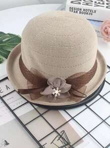 1 buc Pălărie de vară pentru femei, Pălărie casual, Pălărie de soare rotunjită cu boruri ondulate la modă de primăvară/vară, Decor floral, Potrivită pentru uz zilnic în aer liber