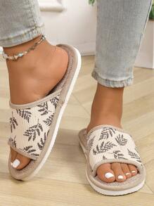 女士室内拖鞋，夏季亚麻家居拖鞋，防滑厚底亚麻软底女士拖鞋 - 米色 - 查看 4